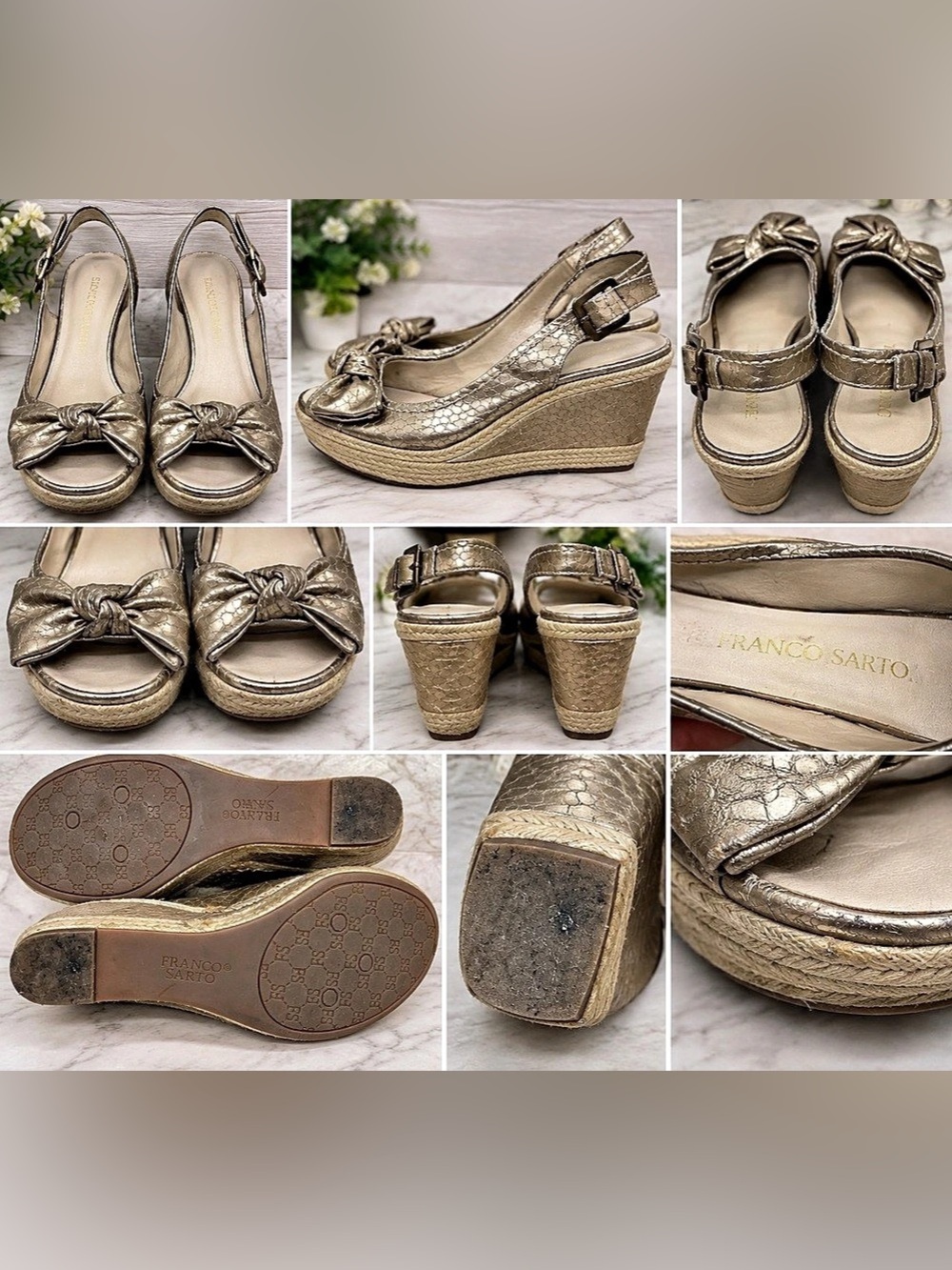 Franco Sarto Size 7.5 Metallic Gold Wedge Sandals Peep Toe Slingback Bow
